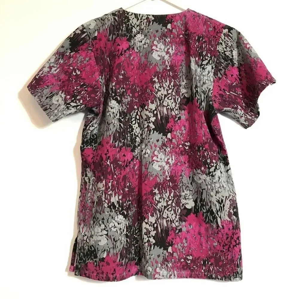 Landau Womens Scrub Top Size Small Pink Gray Black Floral Snap Pockets - Picture 3 of 10